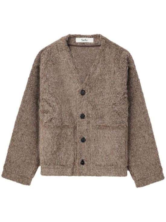 Séfr Textured Brown Cardigan With V-Neckline And Button-Down Front