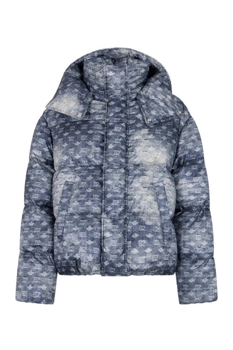 Dsquared2 Blue Denim Monogram Jacquard Hooded Down Parka
