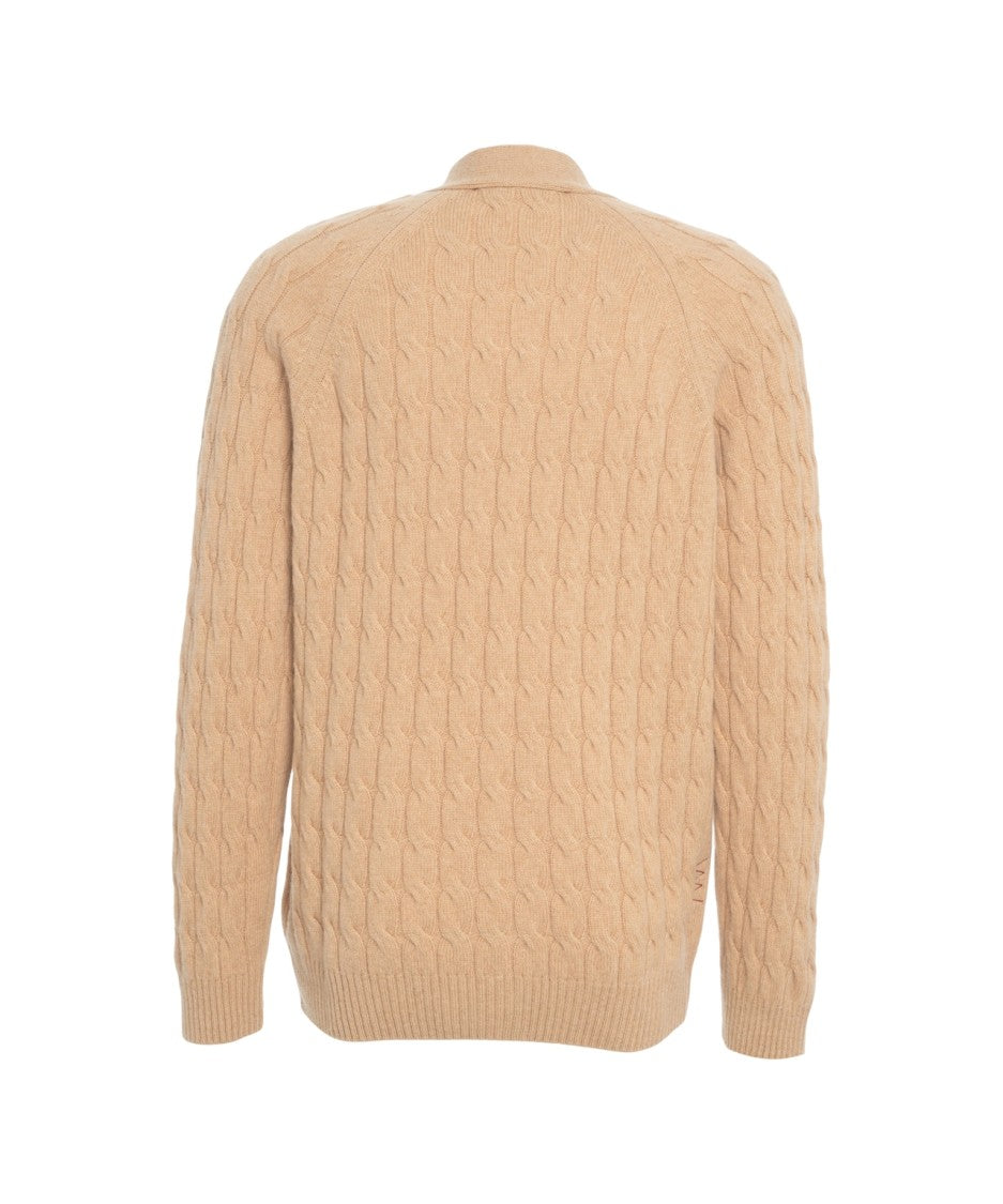 Amaranto Beige Cable Knit Cardigan With Deep V-Neck And Button Closure