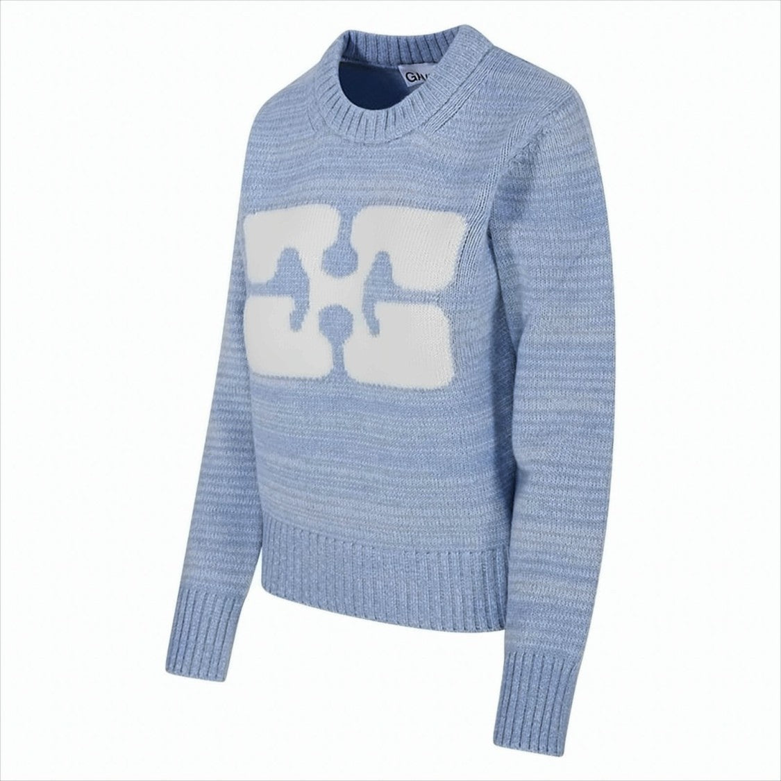 Ganni Textured Blue Wool Blend Pullover Sweater With Abstract Graphic