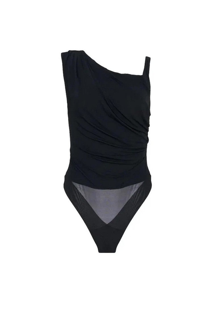 Elisabetta Franchi Black One-Shoulder Mesh Panel Viscose-Blend Bodysuit