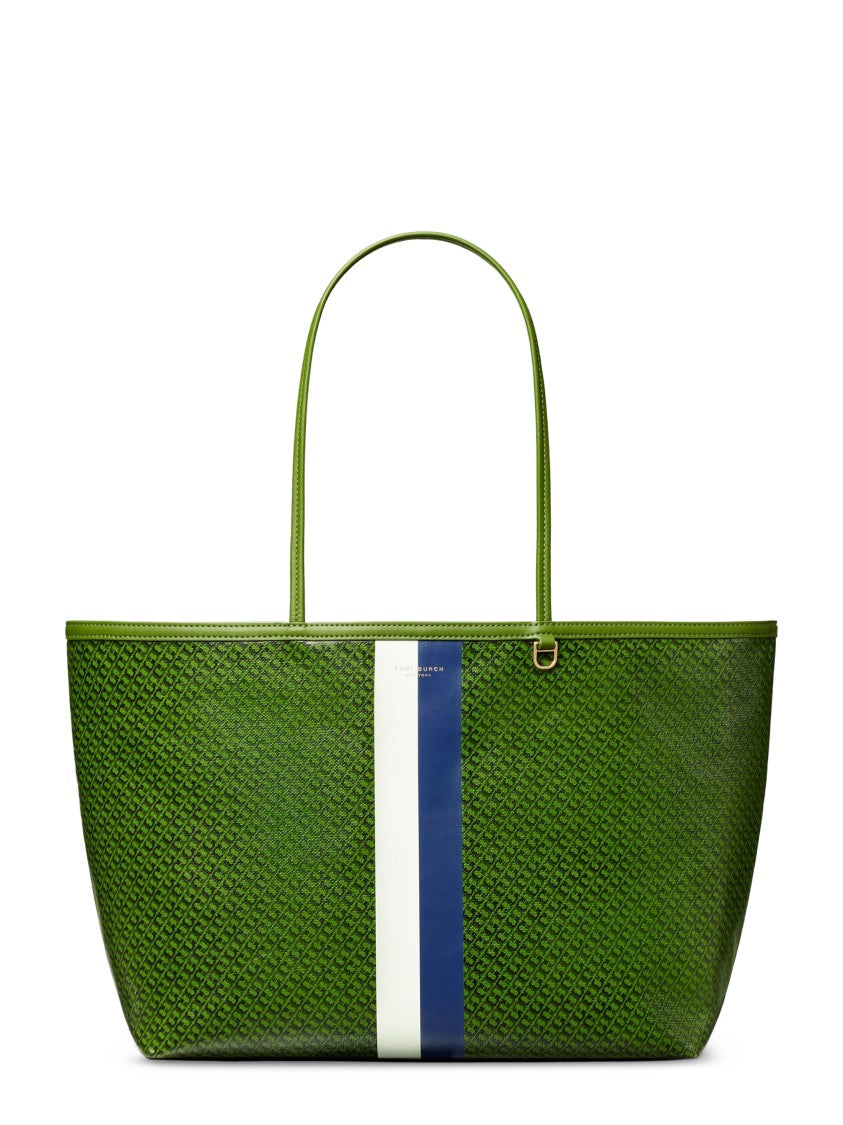 Tory Burch Textured Green Racer Tote With Striped Detail