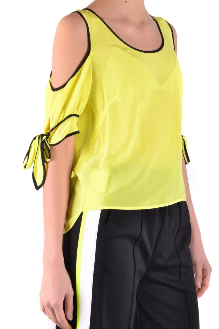 Pinko Cold-Shoulder Yellow Silk Top With Bow-Tied Sleeves
