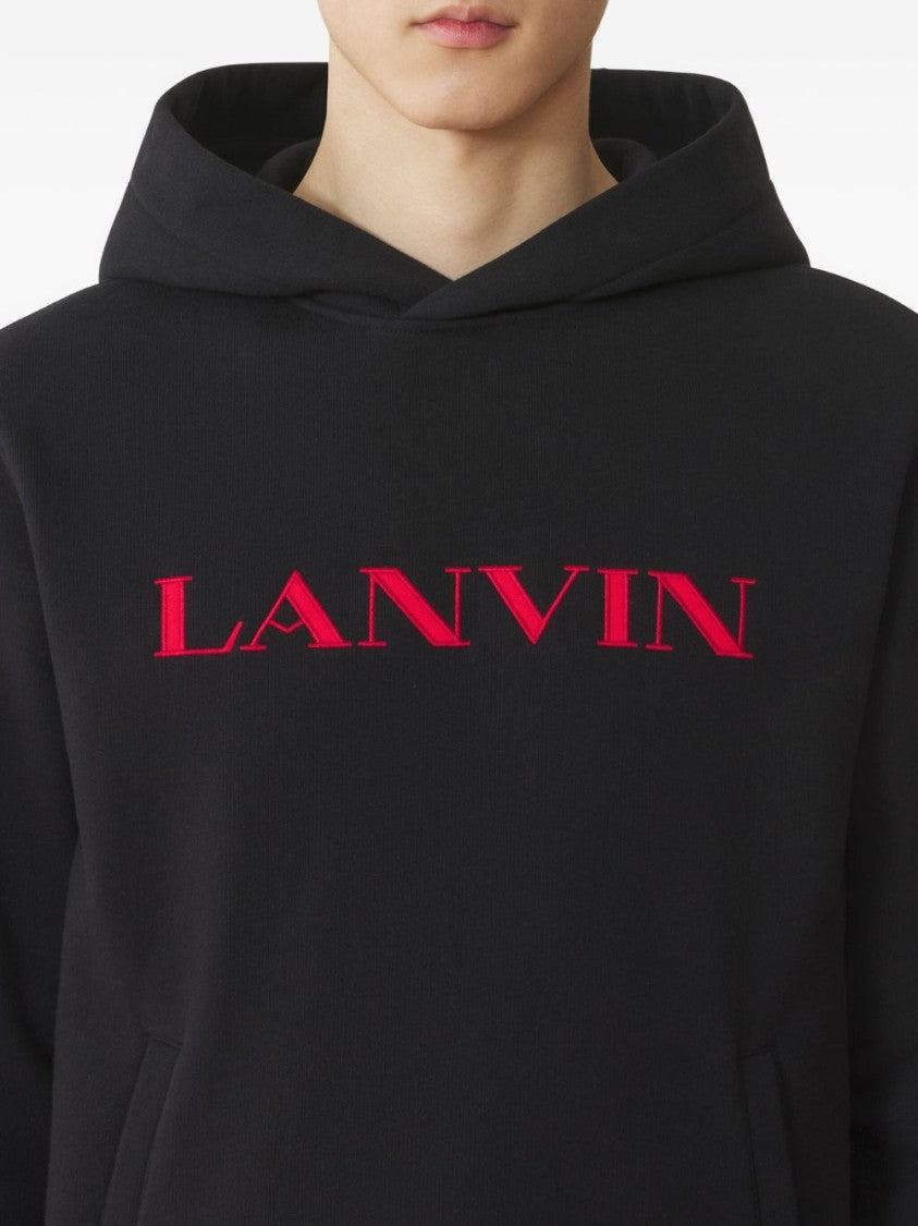 Lanvin Black Ribbed Trim Cotton Crew Neck Hoodies