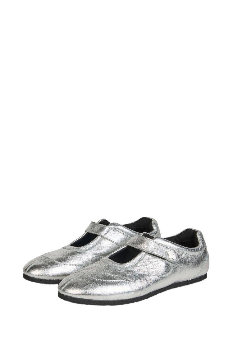 Cecilie Bahnsen Textured Silver Leather Mary Jane Sneakers With Velcro Closure