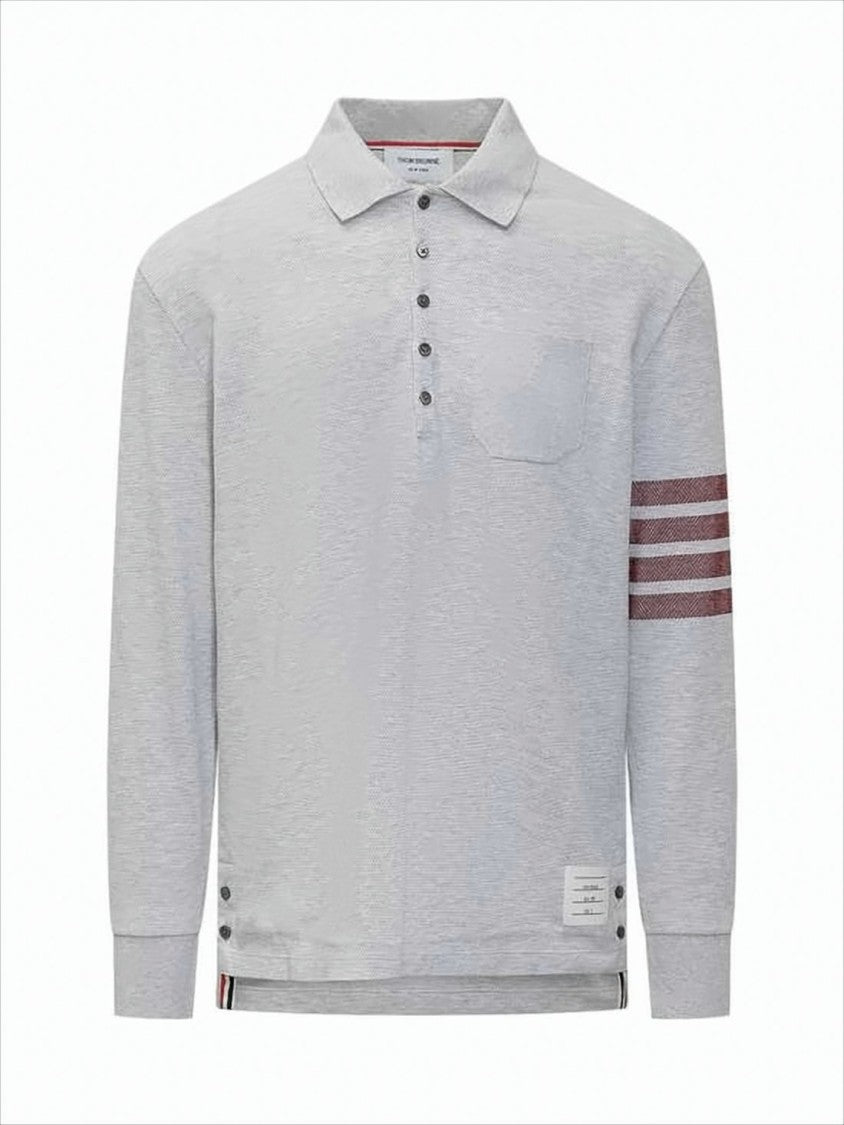 Thom Browne Textured Light Grey Long-Sleeve Polo Shirt With Striped Detailing