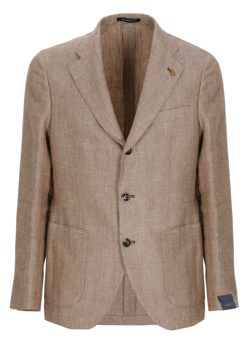 La Torre Red Light Brown Herringbone Linen-Wool Blazer