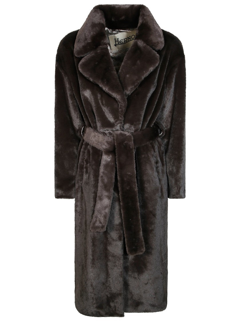 Herno Faux Fur Belted Long Coat
