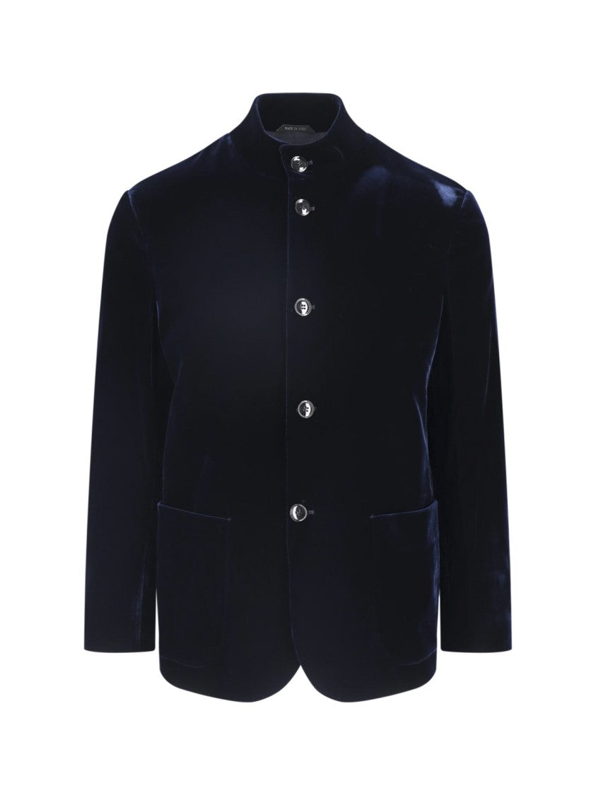 Giorgio Armani Blue Stand Collar Button-Up Viscose Velvet Jacket