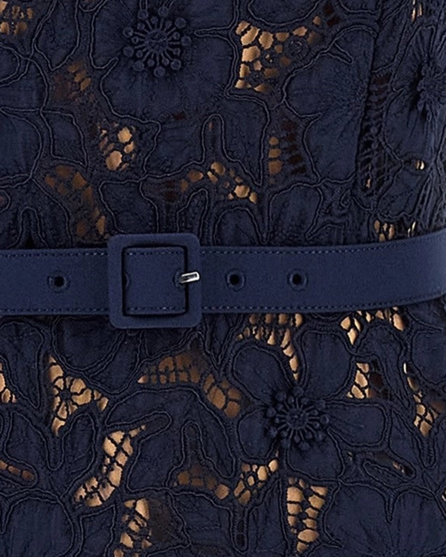 Self-Portrait Navy Guipure Lace Midi Dress With Ruffled Hem