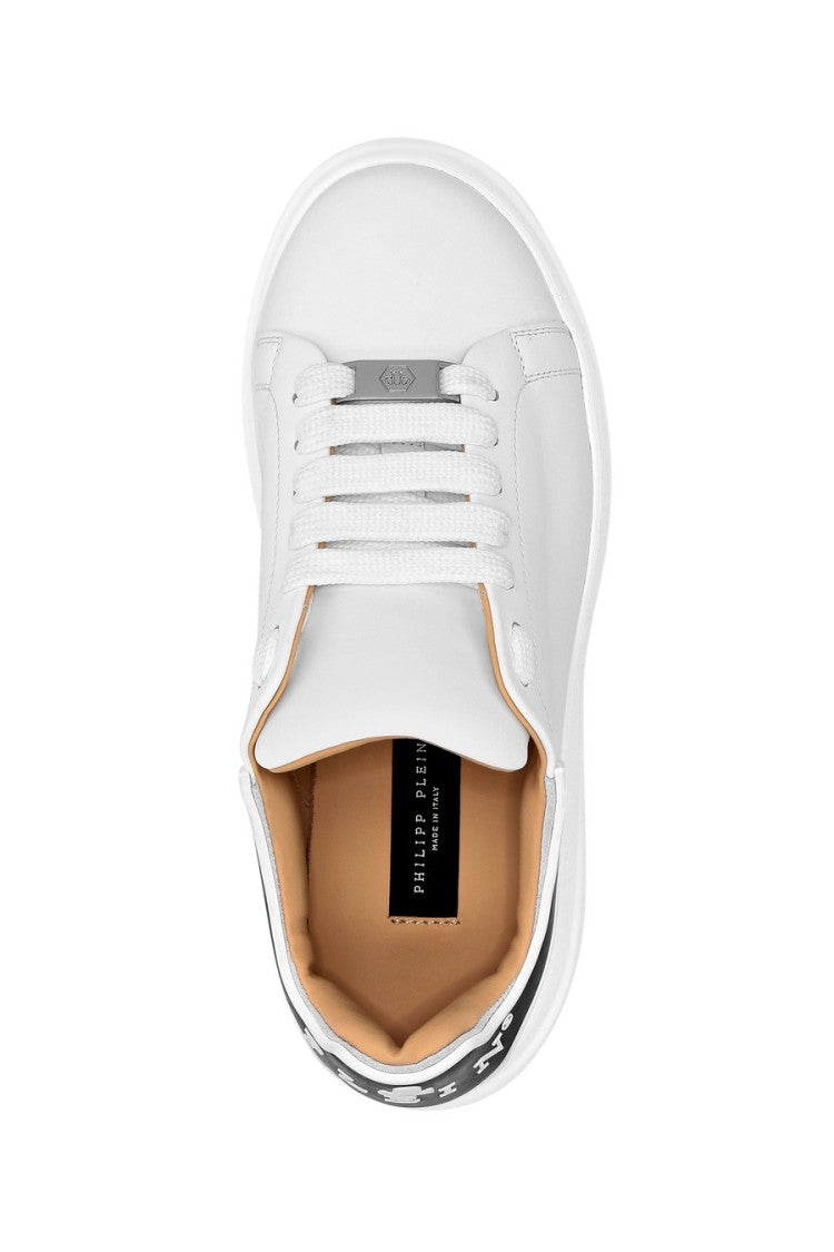 Philipp Plein White Black Contrast Heel Wordmark Logo Leather Sneakers