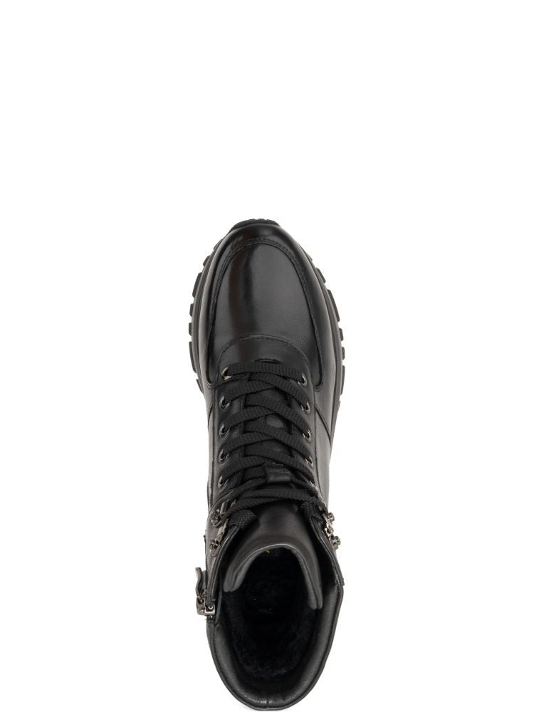 Adrianna Feretti Black Cow Leather Minimalist Lace-Up Boots