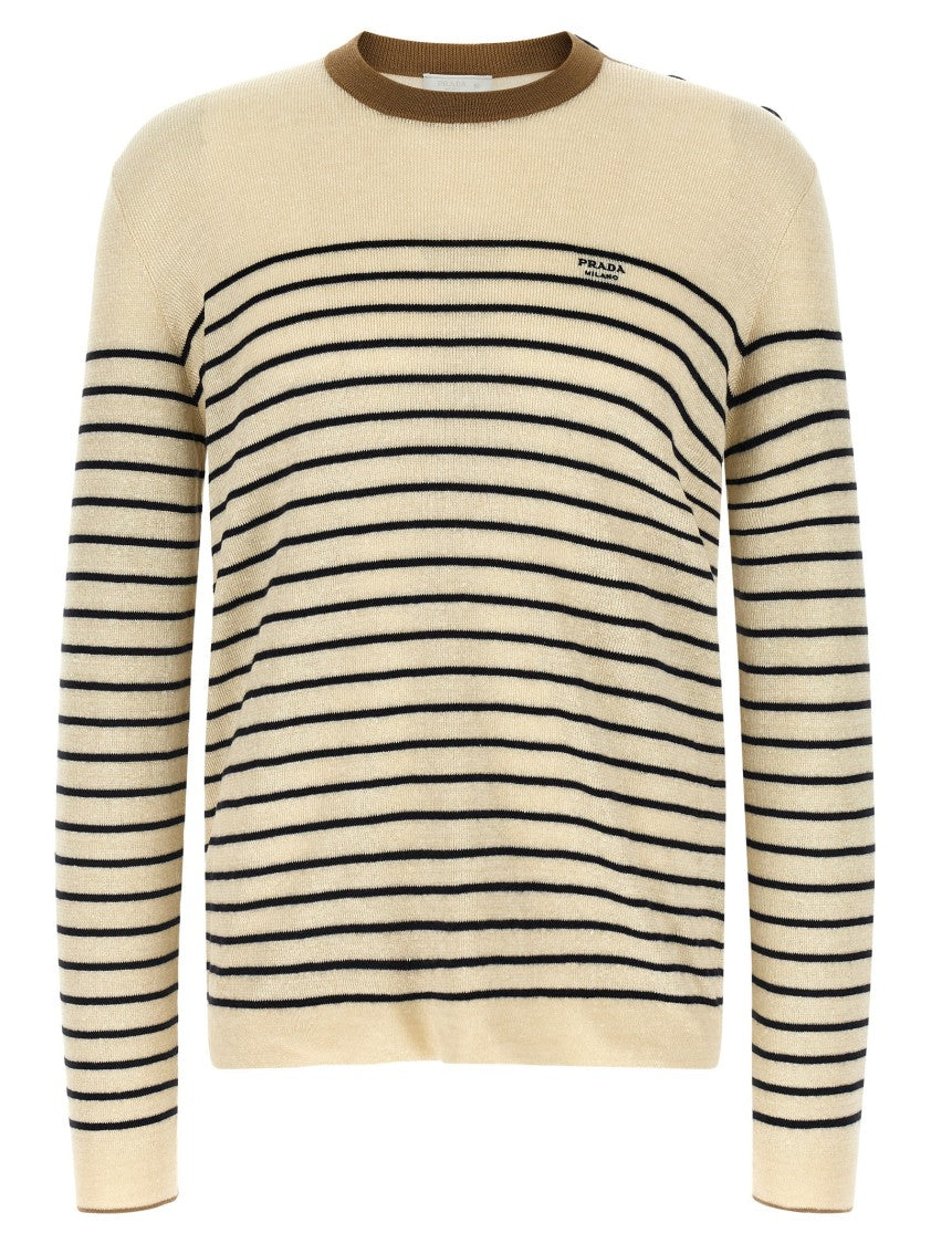 Prada Horizontal Striped Linen-Virgin Wool Sweater With Button Detail