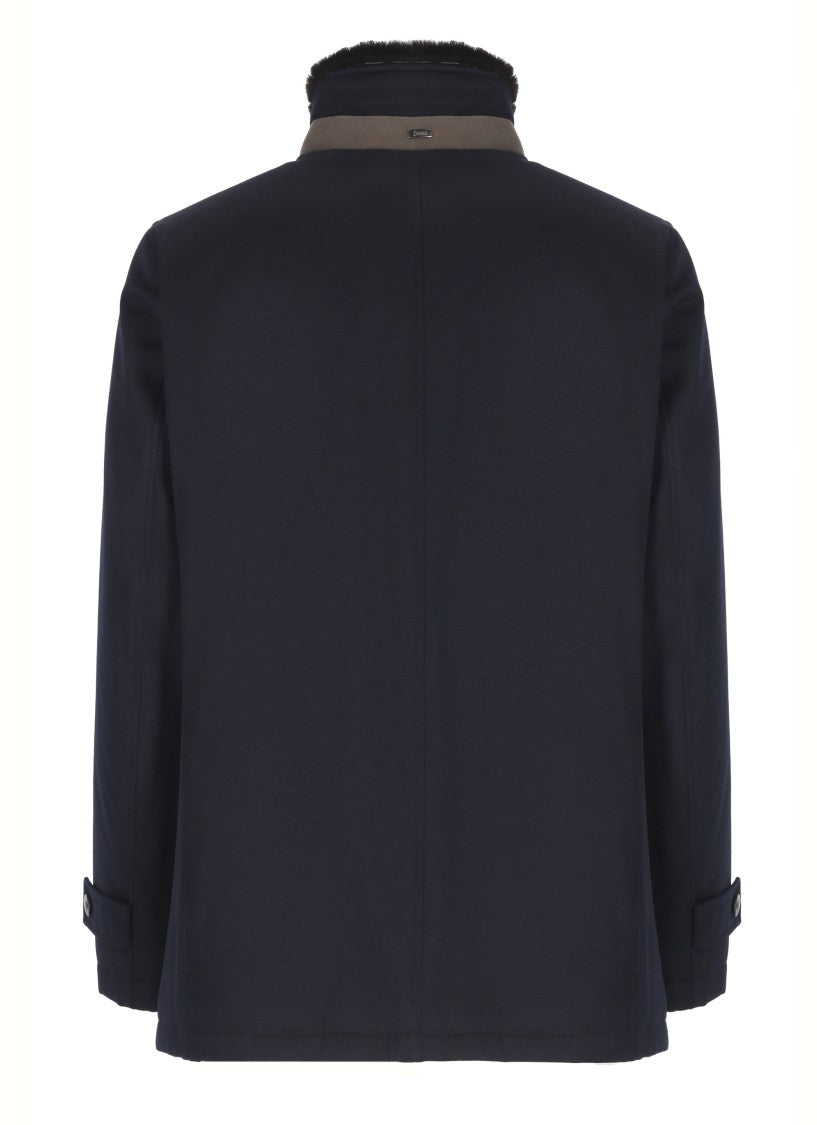 Herno Structured Blue Virgin Wool Coat With Plush Fur Collar