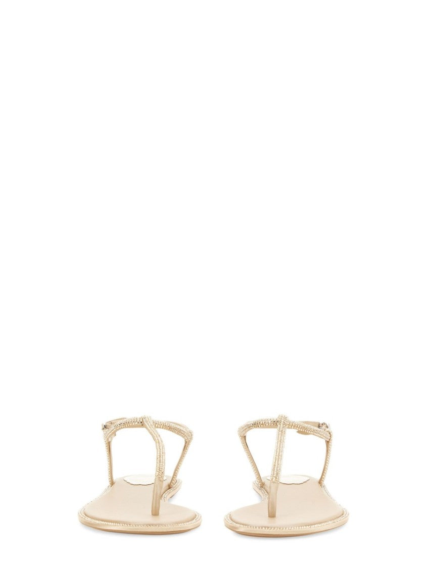 René Caovilla Diana Minimalist Embellished Flat Leather Sandals