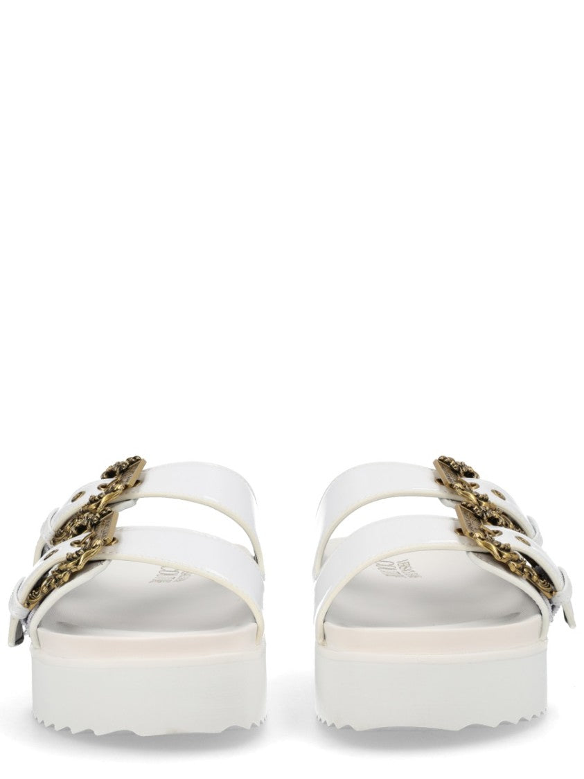 Versace Jeans Couture White Wide Straps Gold Buckles Sandals