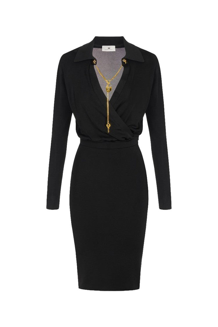Elisabetta Franchi Black Collared Wrap Key-Charm Viscose-Blend Midi Dress