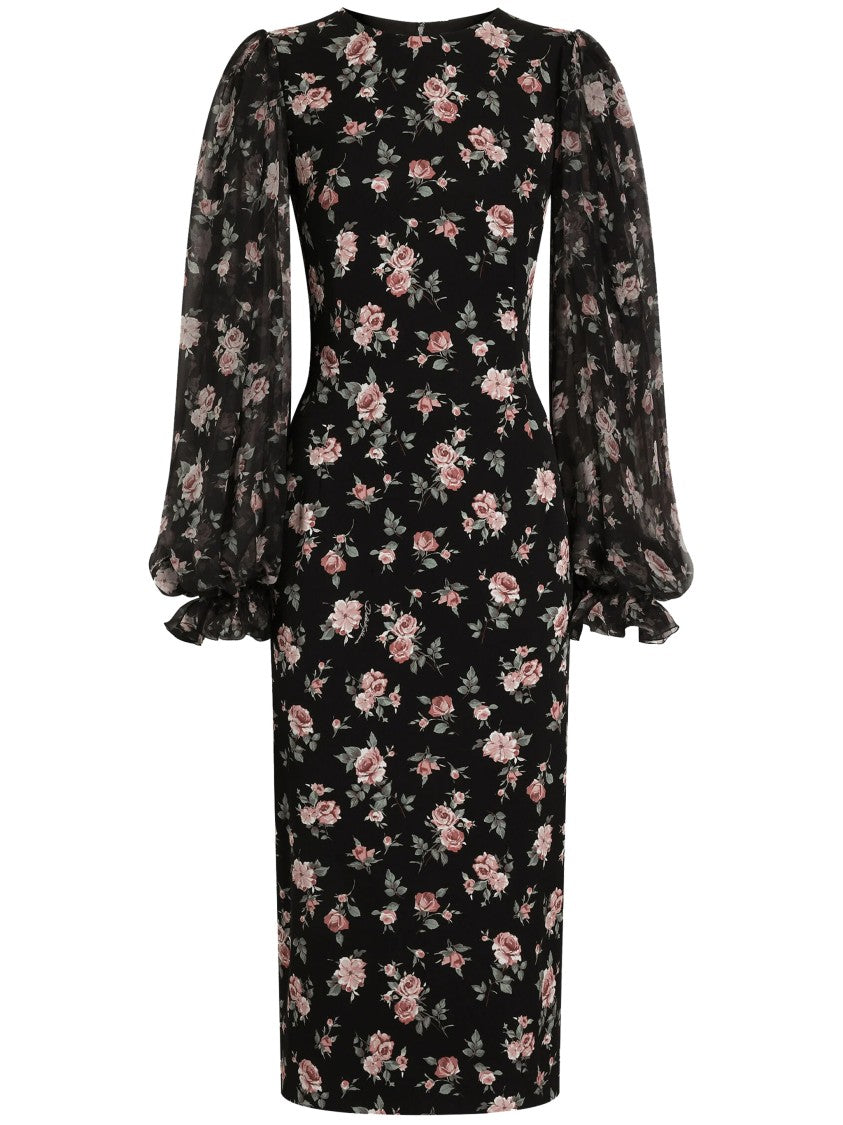 Dolce & Gabbana Fitted Midi Floral Print Silk Dress