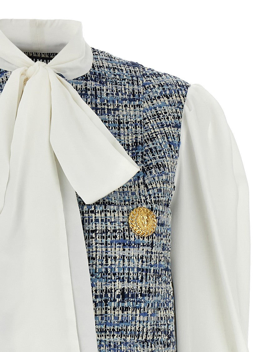 Balmain Cropped Shirt With Tweed Vest And Levallière Collar