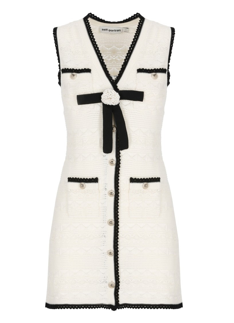 Self-Portrait Pointelle Knit Midi Dress With Button Detailing And Bow Pin