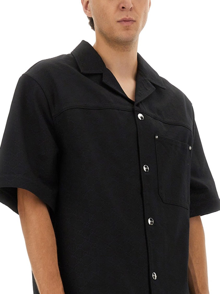 Gucci Gg Black Jacquard Camp Collar Cotton Shirt