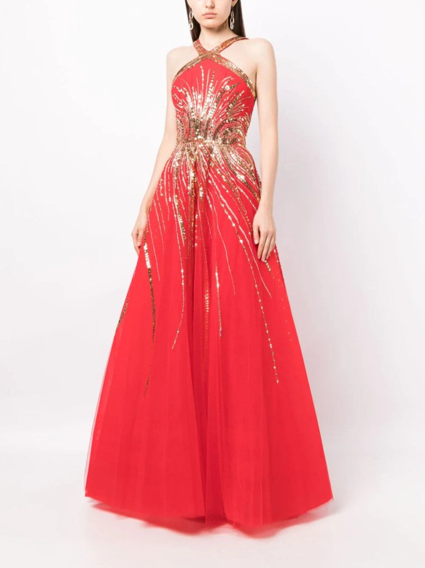 Saiid Kobeisy Tulle Beaded Dress With Halter Neckline