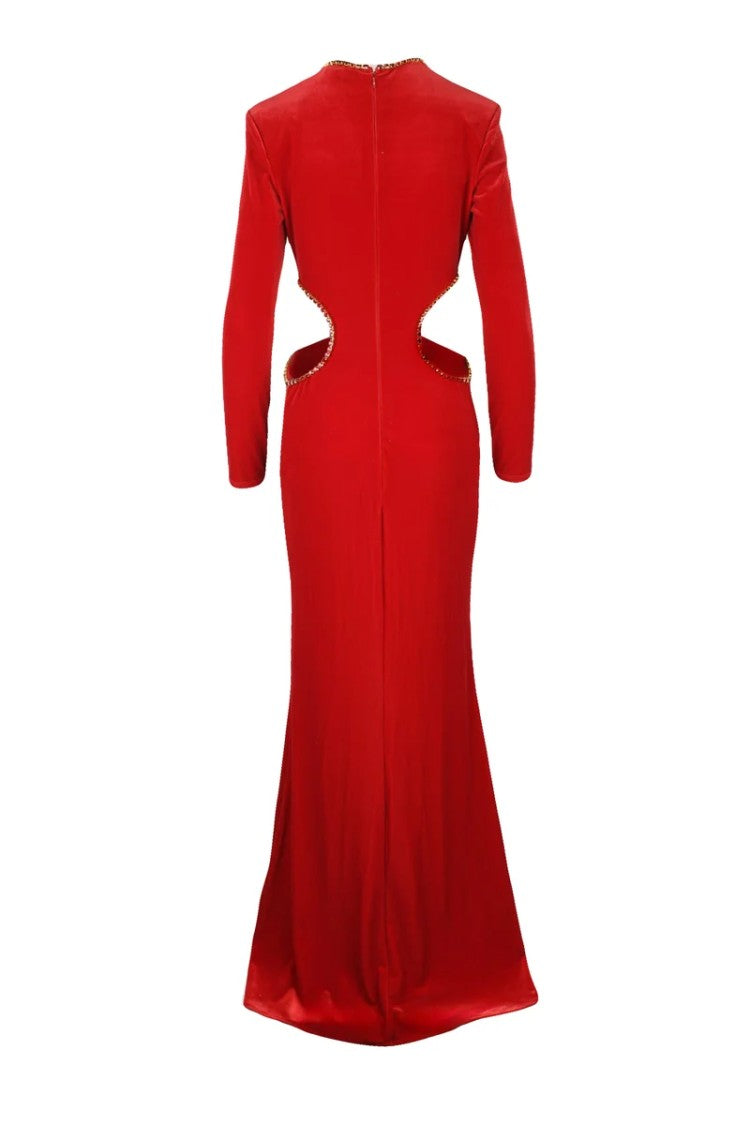 Red Carpet E. Franchi Velvet Dress With Slit - Red