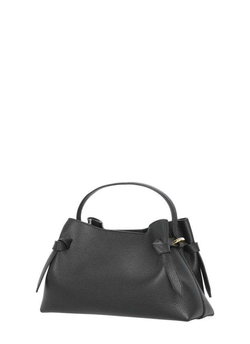 Yuzefi Structured Black Pebbled Leather Shoulder Bag With Golden Accents