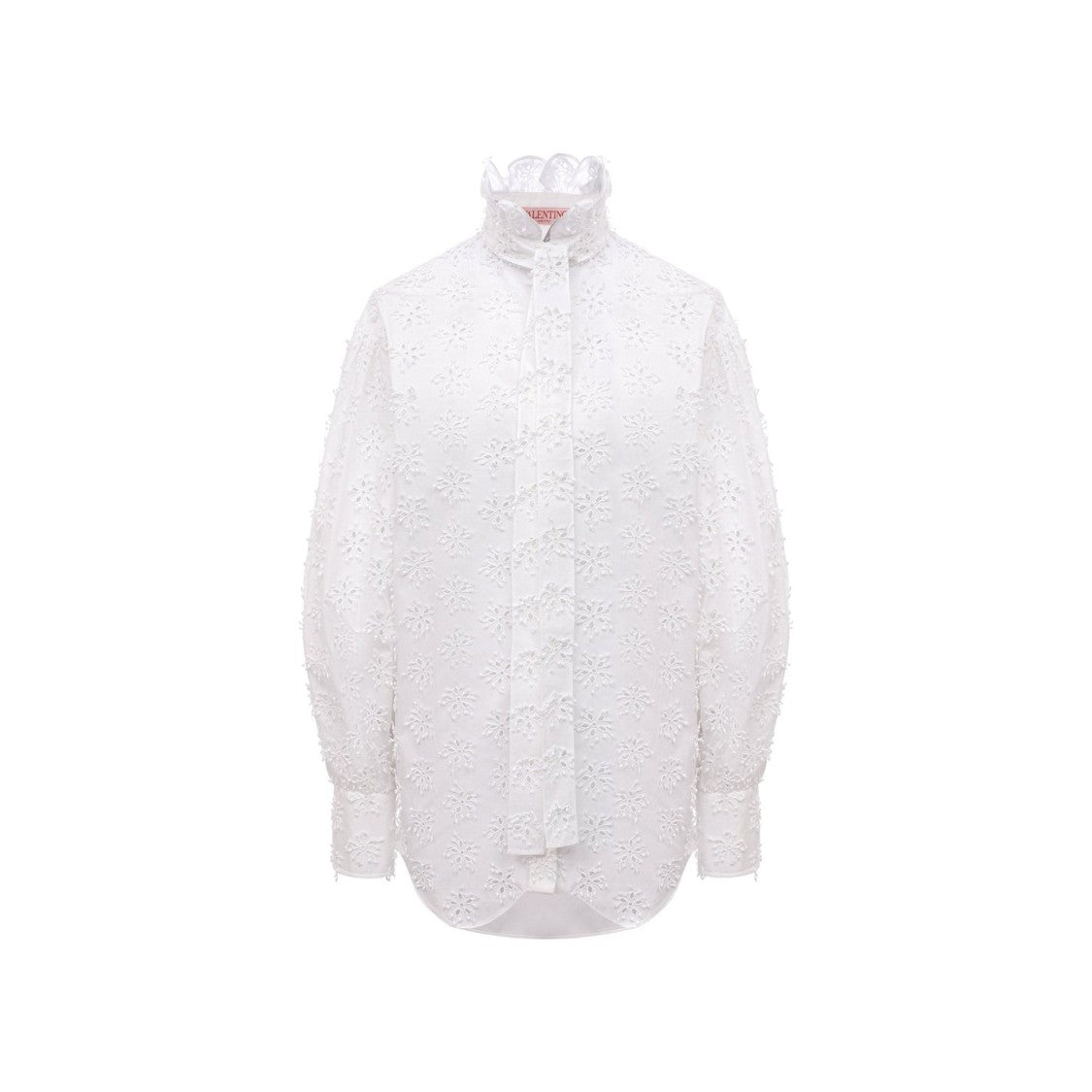 Valentino Long-Sleeved White Cotton Shirt With Floral Eyelet Embroidery