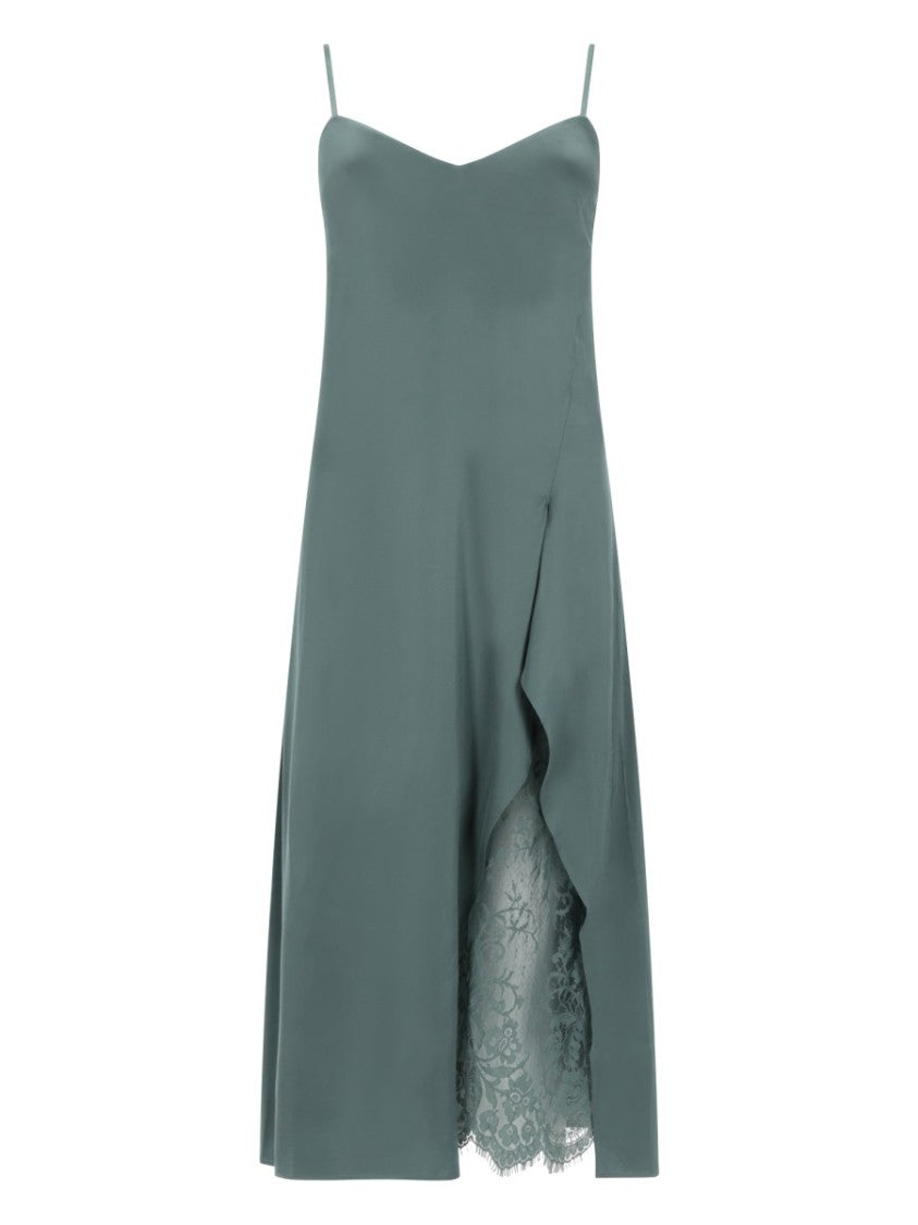 Acne Studios Satin Midi Dress With Ruffled Overlay And Lace Detail