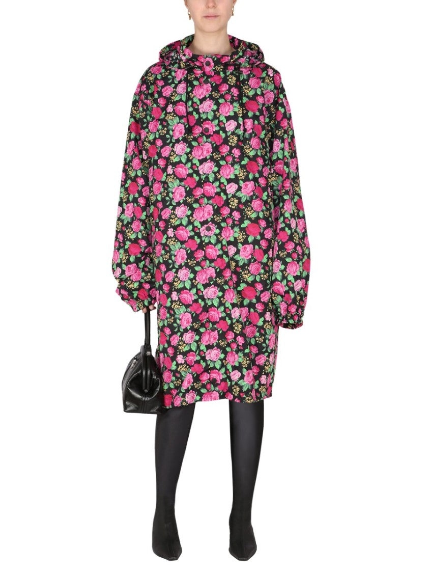 Balenciaga Floral-Pattern Hooded Coat With Drawstring Closure