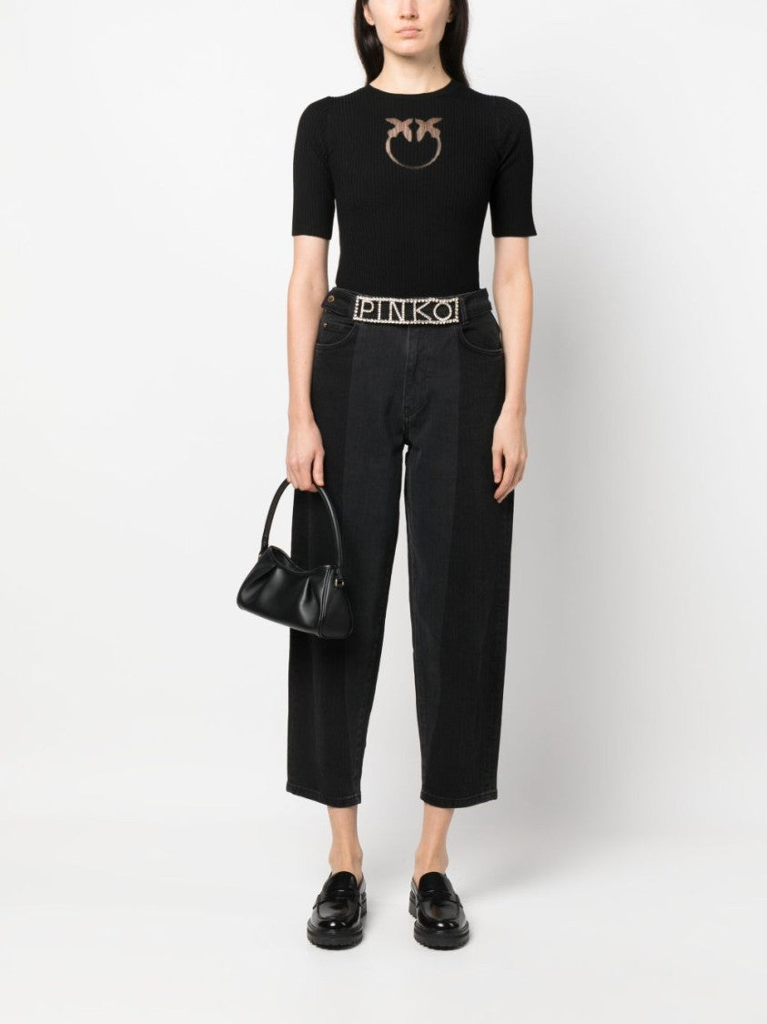 Pinko Fitted Ribbed Knit Sweater With Sheer Logo Detail