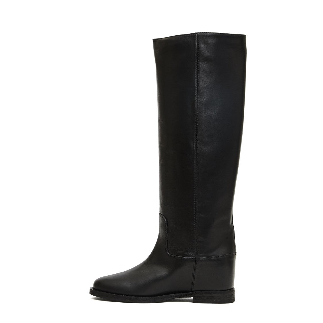 Via Roma 15 Tall Leather Boots With Gold V Accent And Wedge Heel