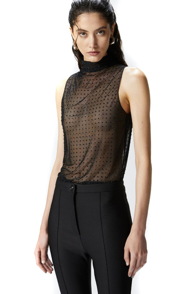 Pinko Black Laruns Rhinestone Embellished Nylon-Blend Tank Top