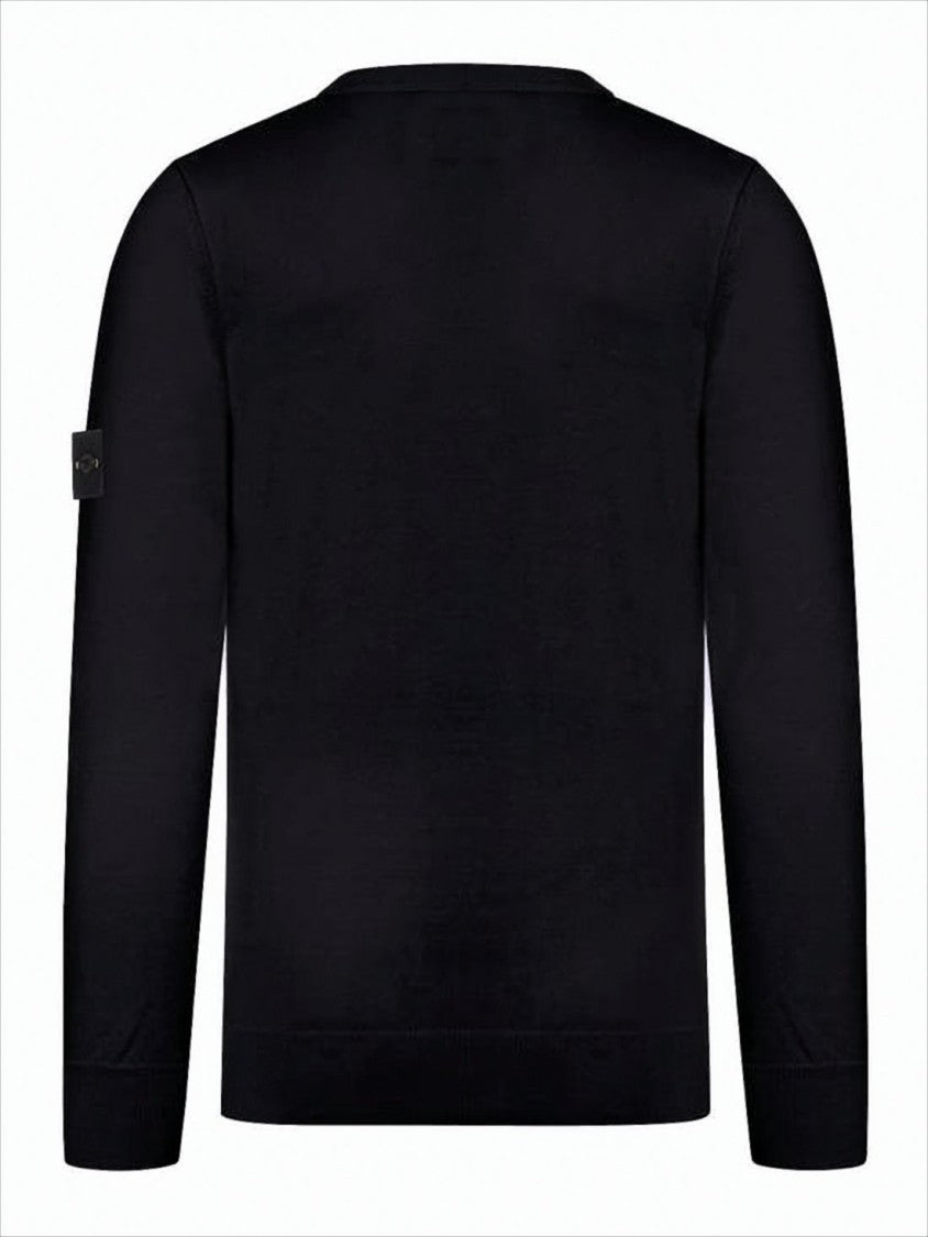 Stone Island Black Cotton Sweater With Ribbed Cuffs