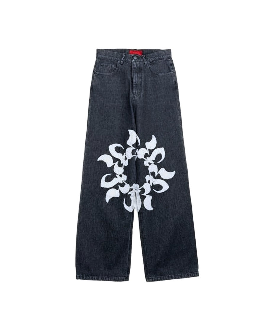 Kusikohc Wide-Leg Denim Pants With Graphic Flame Design
