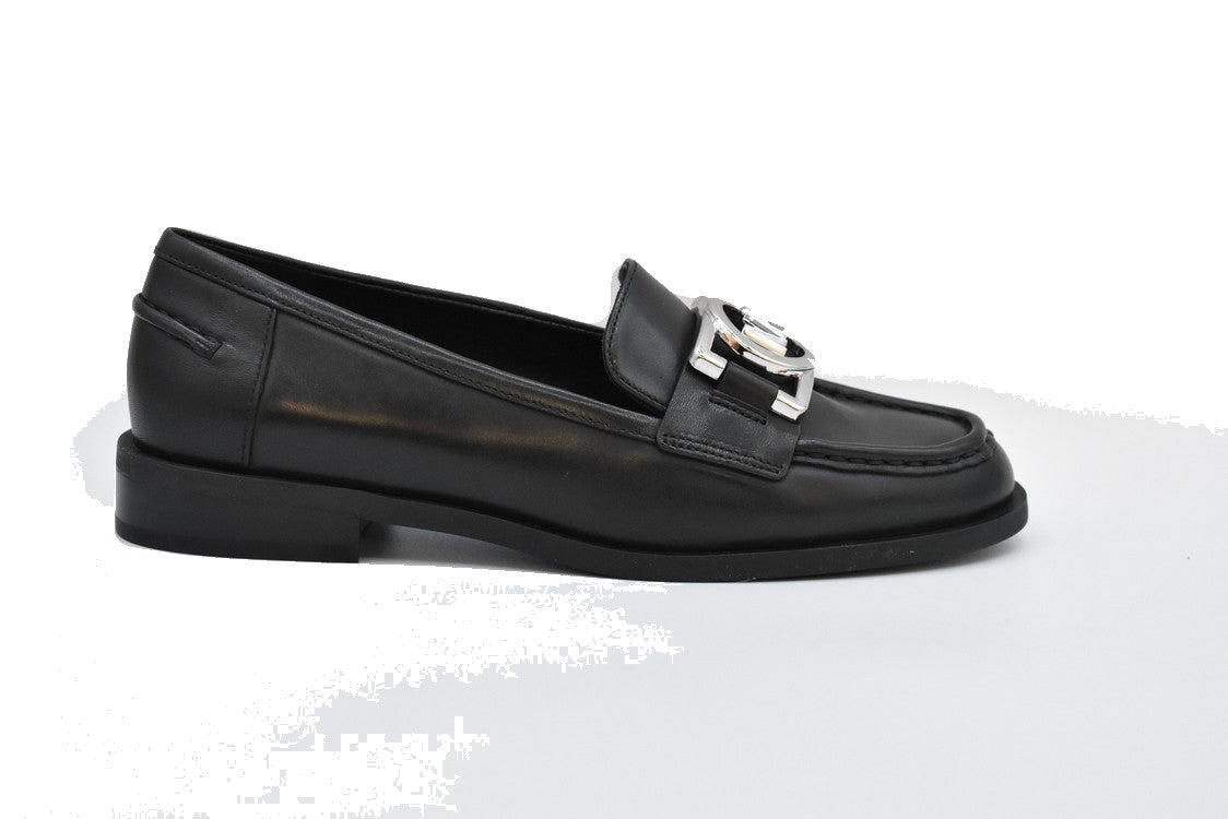 Michael Kors Lace-Up Black Leather Flats With Silver Hardware