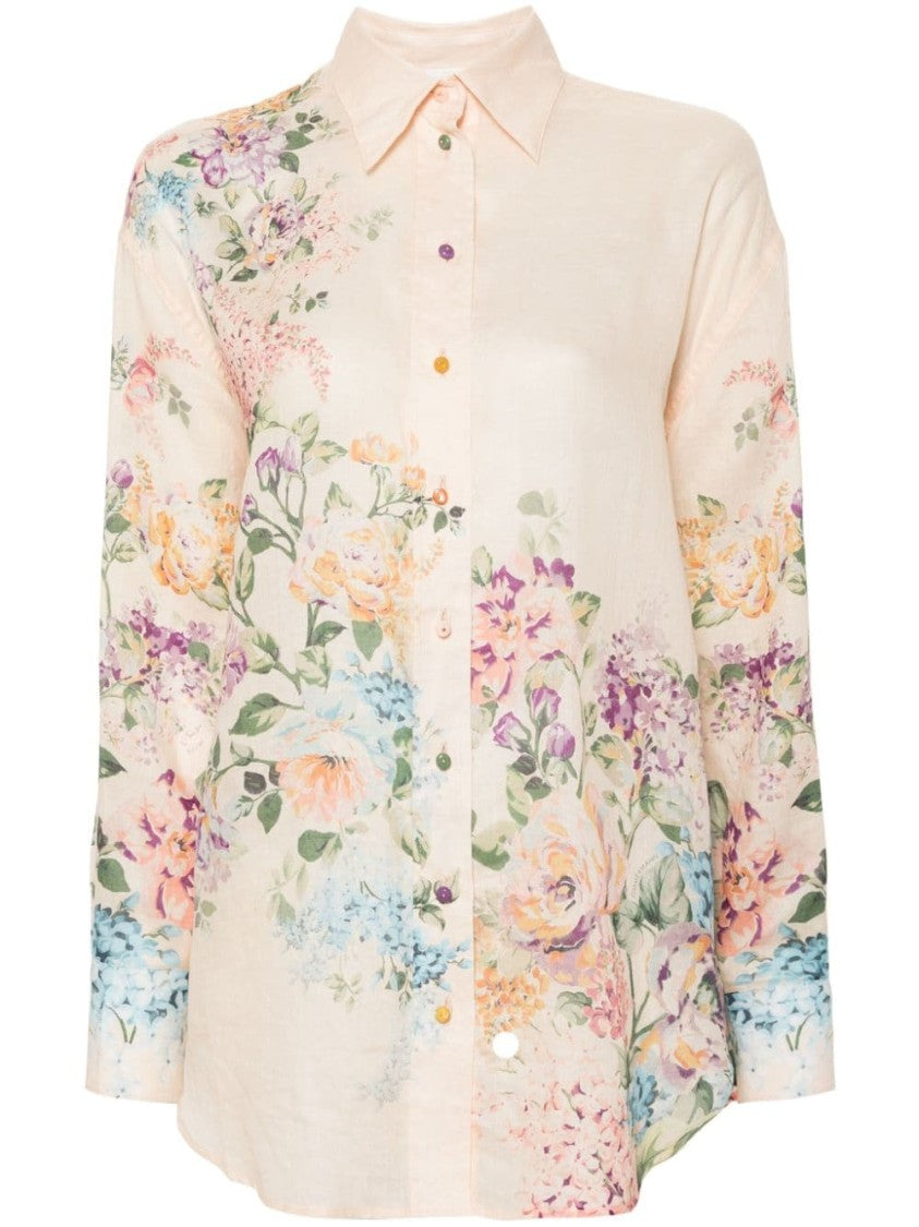 Zimmermann Beige Lightweight Floral Print Semi-Transparent Ramie Shirt