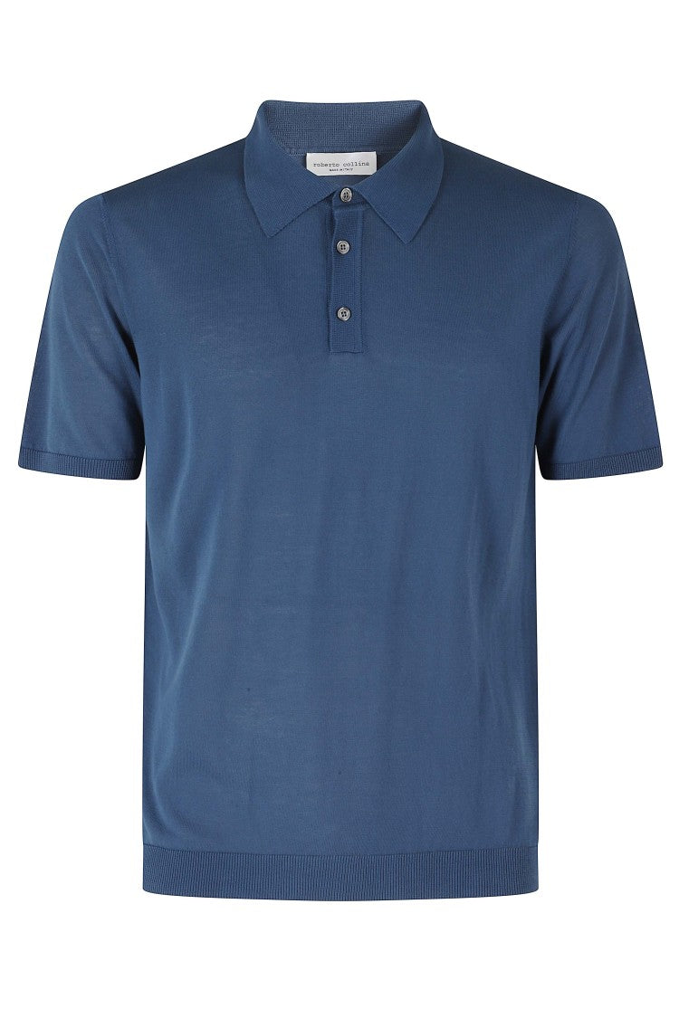 Roberto Collina Blue Basic Ribbed Trim Cotton Polo Shirt