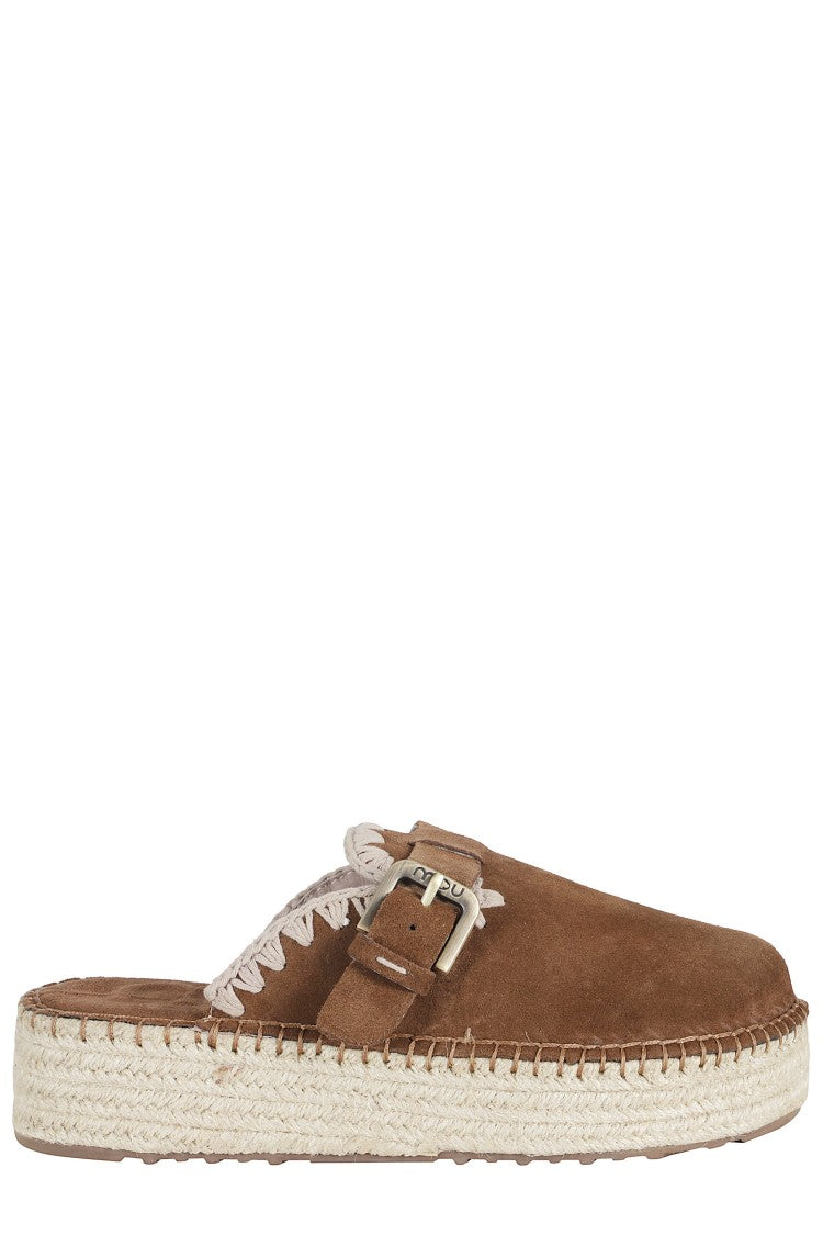 Mou Brown Jute Crochet Trim Adjustable Strap Suede Clogs