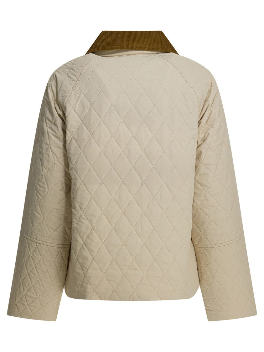 Barbour Beige Quilted Jacket With Corduroy Collar And Diamond Pattern