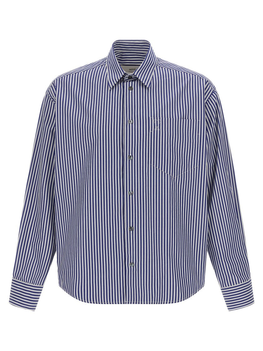 Ami Boxy Striped Cotton Poplin Shirt With 'Ami De Coeur' Embroidery
