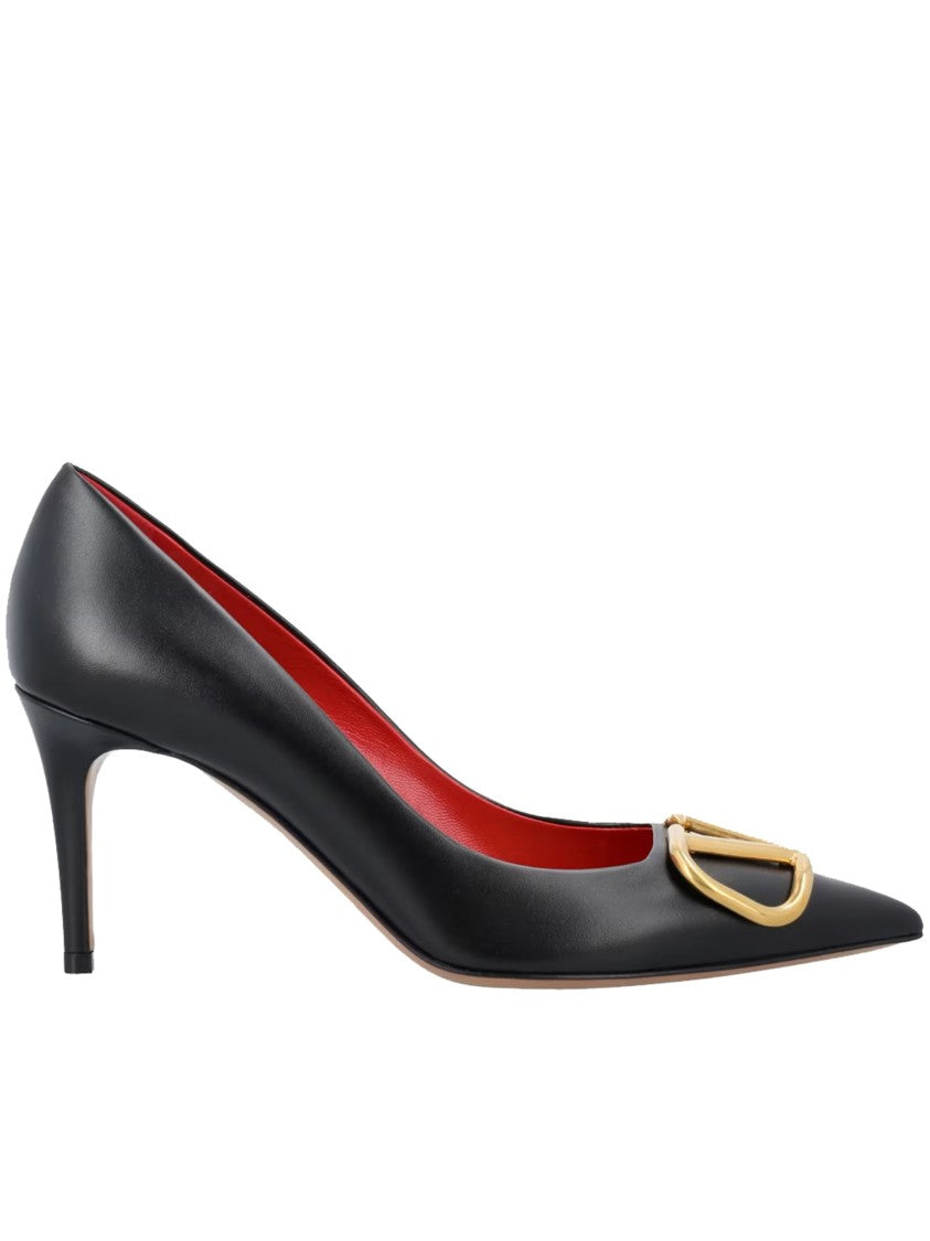Valentino Black Pointed-Toe Gold Buckle Leather Pumps