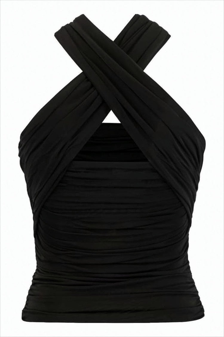 Saint Laurent Crisscross Ruched Black Sleeveless Top