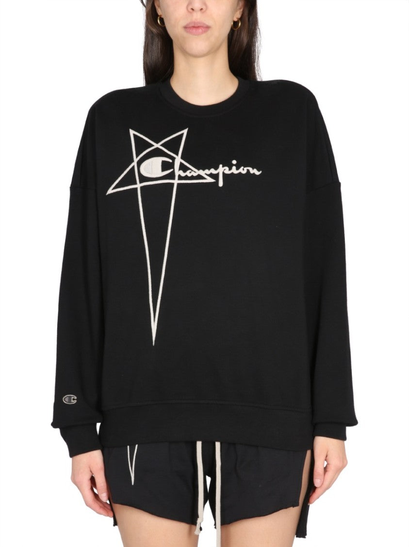 Champion X Rick Owens Oversized Black Sweatshirt With Logo Embossing