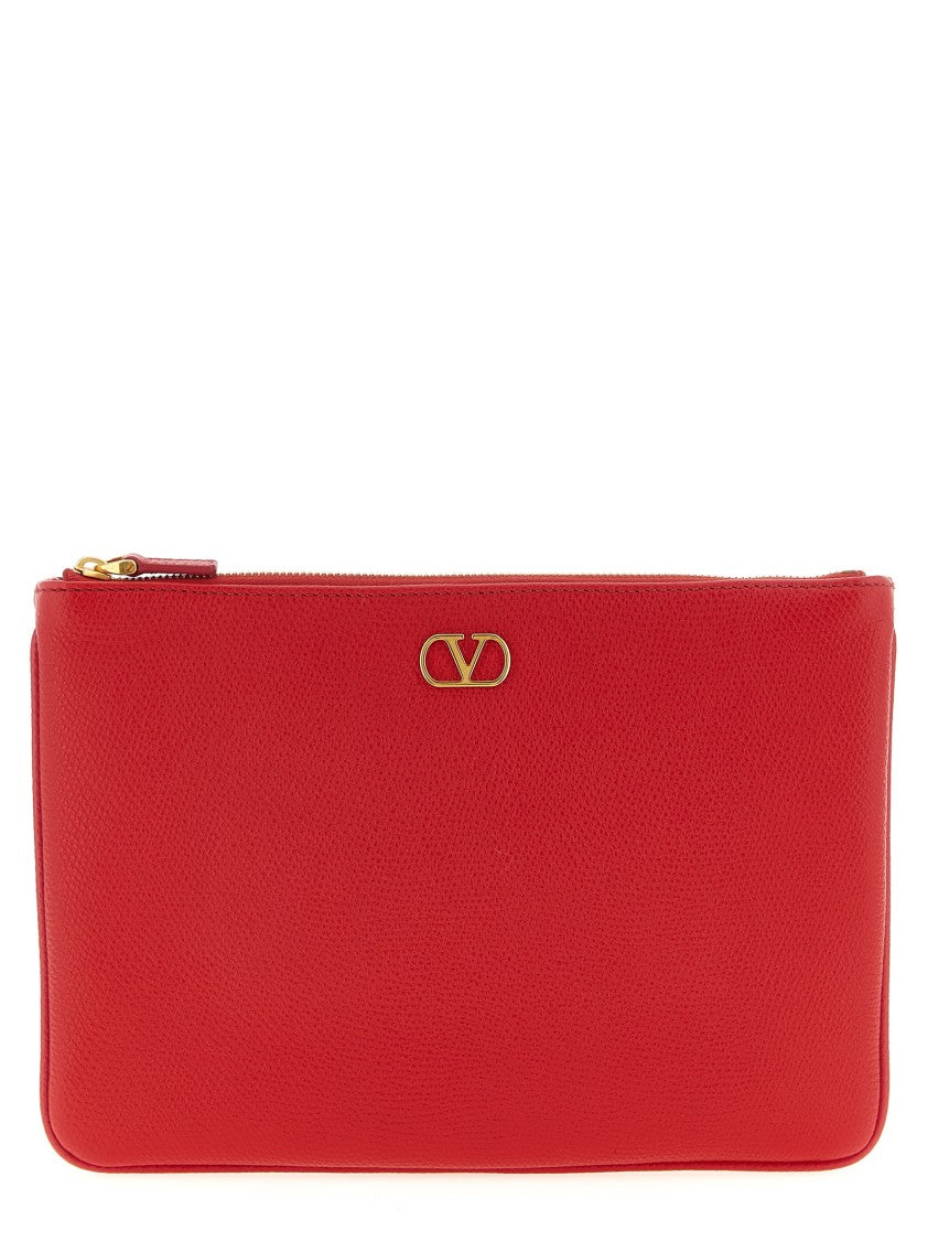 Valentino Garavani Garnet Calf Leather Vlogo Signature Clutch Bag With Metallic Emblem