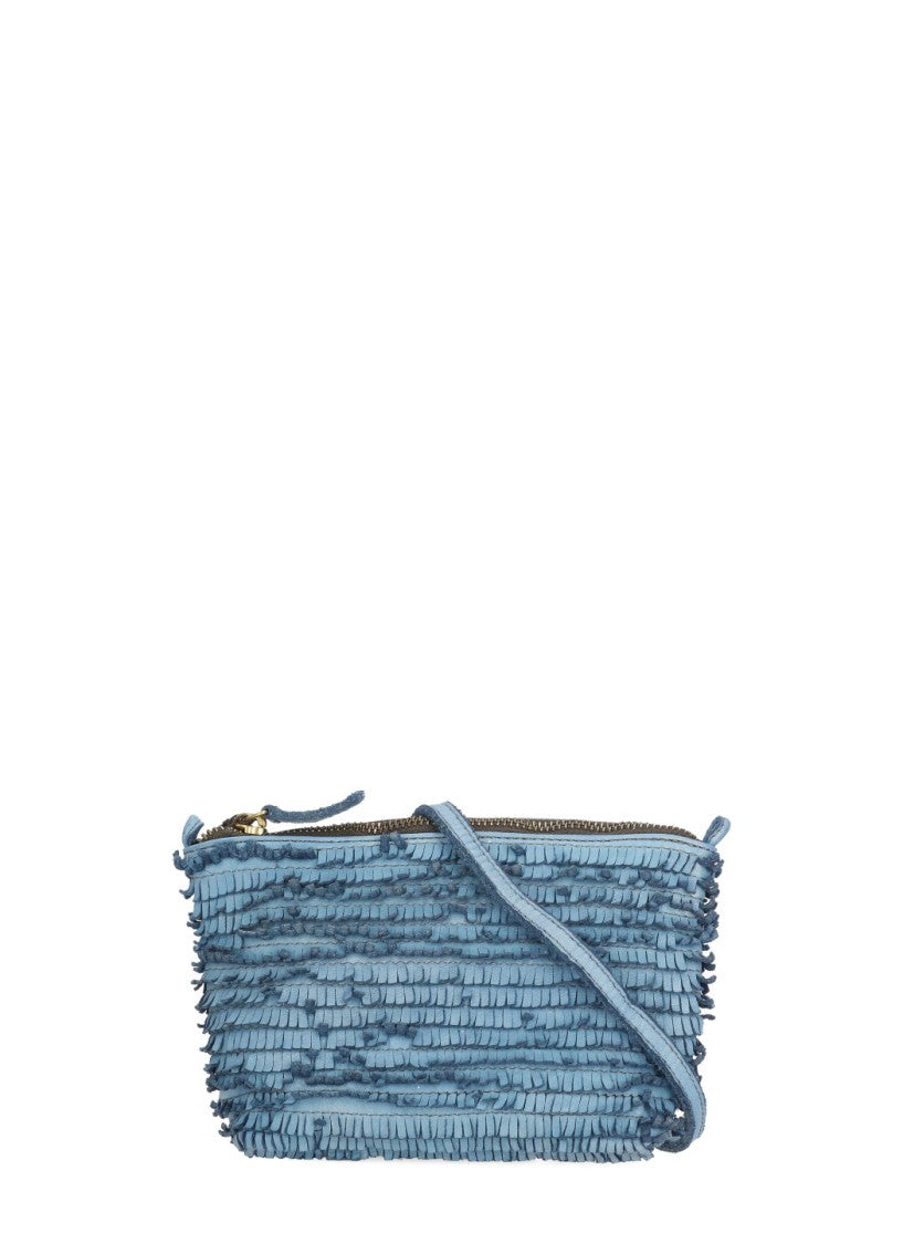 Majo Textured Blue Leather Shoulder Bag With Fringed Details