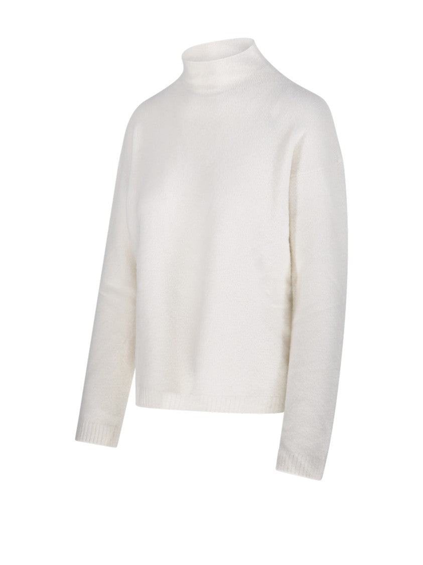 Max Mara Cropped White Cashmere Knit Sweater With Ribbed Detailing