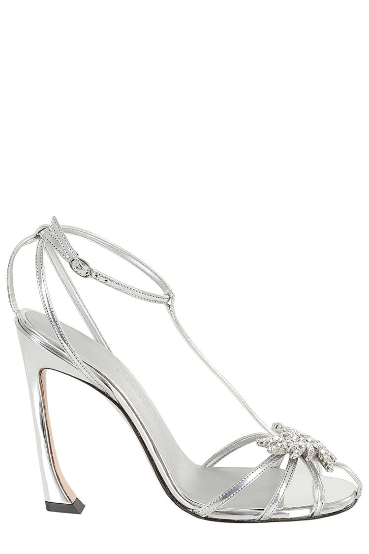 Piferi Silver Mirrored Laminated Leather Sandal With Rhinestone Detail