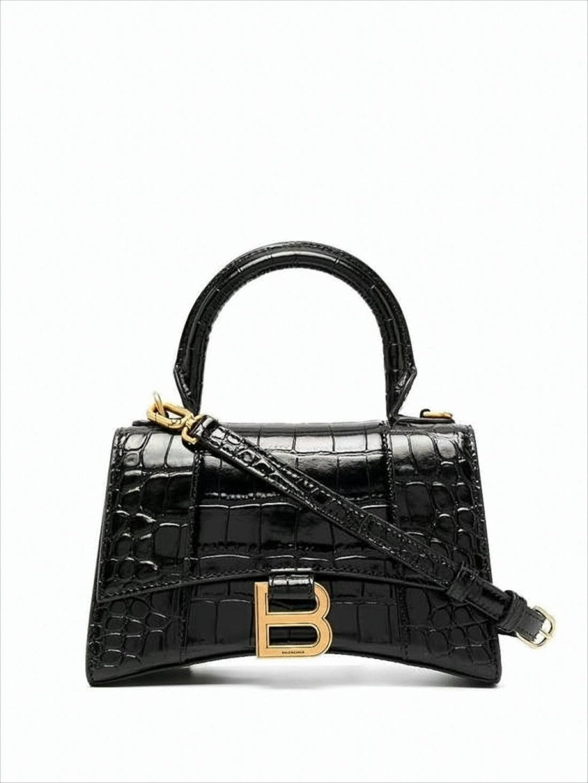 Balenciaga Glossy Black Crocodile-Embossed Shoulder Bag With Gold Logo Clasp